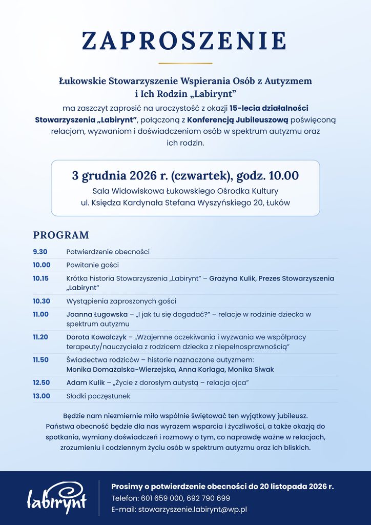 „Autyzm – trudne relacje”. Konferencja jubileuszowa na 15-lecie Stowarzyszenia „Labirynt”
